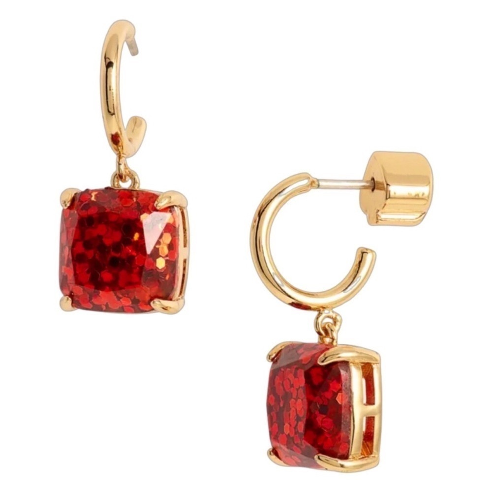 KATE SPADE • Squared Away Red Glitter Huggies Hoop Earrings - Picture 3 of 5